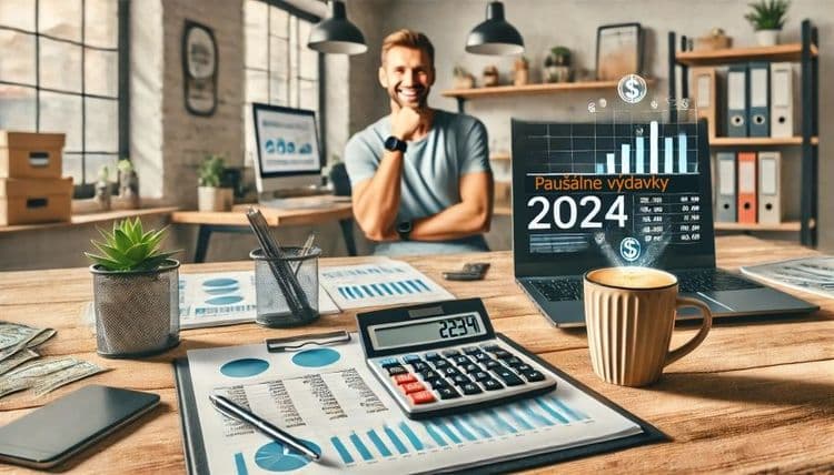 DALL·E 2024-11-11 09.00.32 - A realistic image depicting a small business owner's workspace with financial documents showing 'Paušálne výdavky 2024'. The desk .jpg